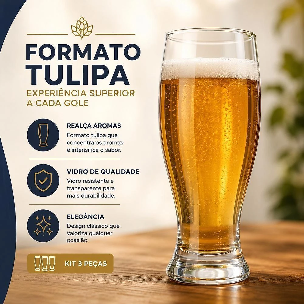 Copo para Bebidas Copo Tulipa 350ML Kit 3 Peças em Vidro Valoriza Aromas para Cervejas Especiais