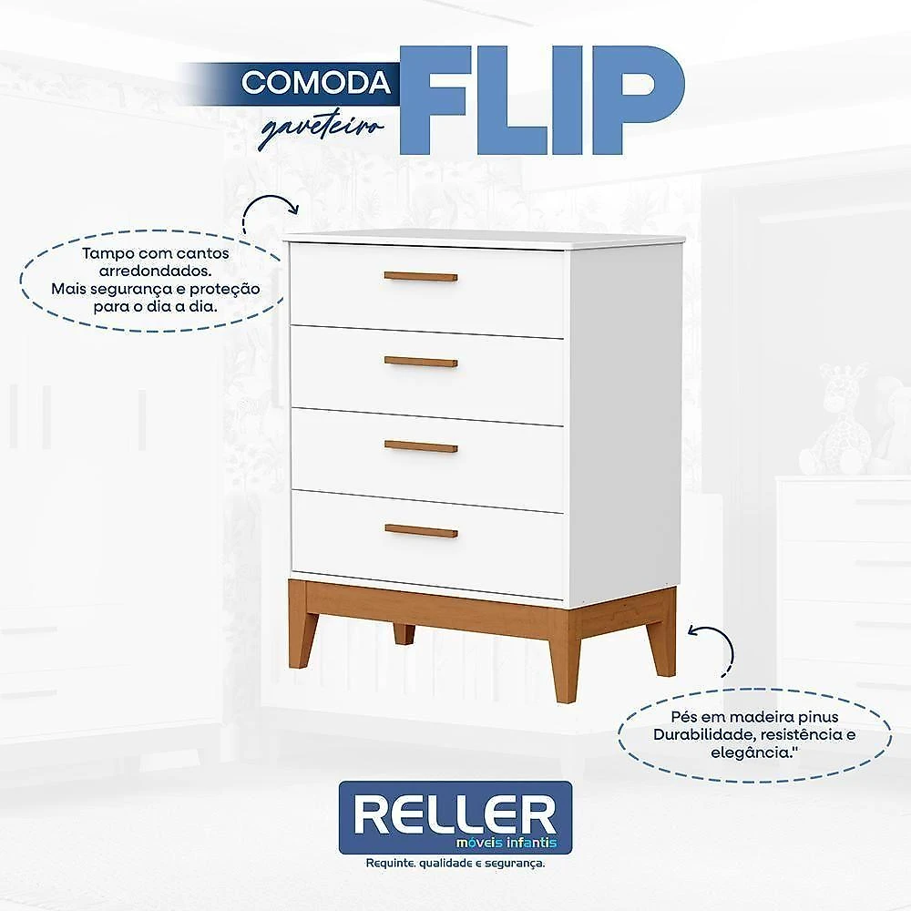 Jogo De Quarto Infantil Flip Cômoda 4 Gavetas E Berço Americano Branco Fosco - Reller Móveis Branco Fosco