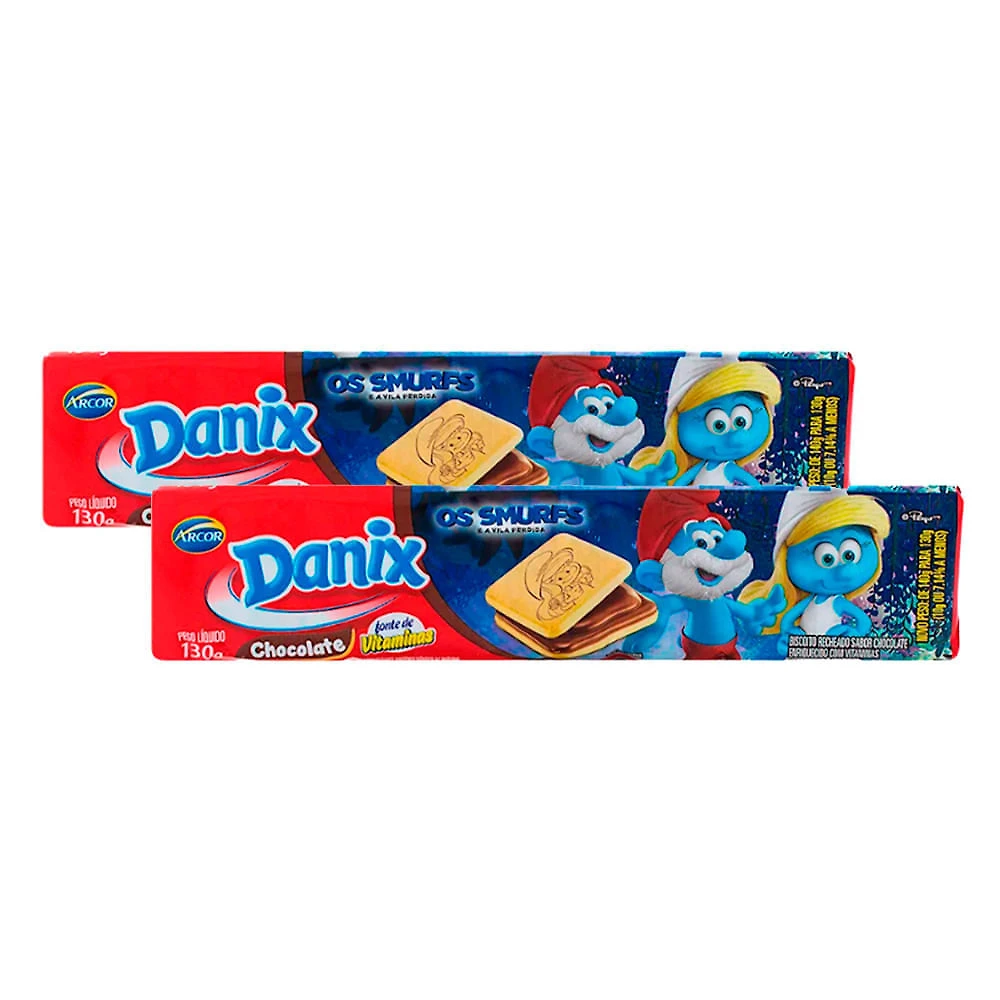 Kit 2 Biscoito Recheado Danix Smurfs Sabor Chocolate 130g