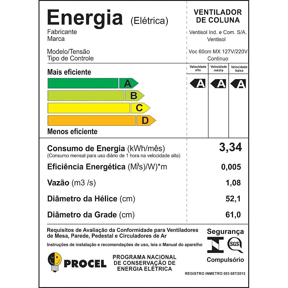 Ventilador de Coluna Ventisol Comercial, 60 cm, Preto – Bivolt 