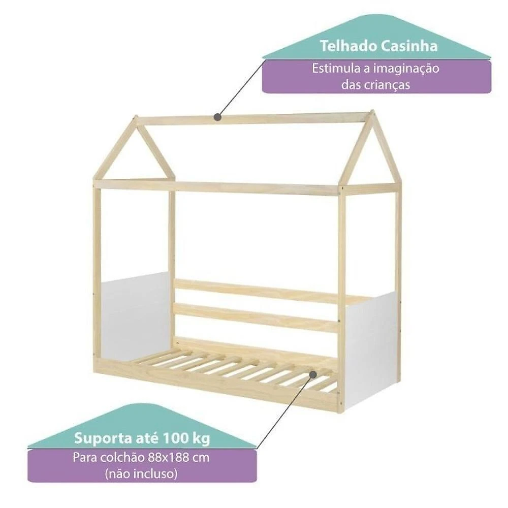 Cama Montessoriana Casinha com Led e grade New Garden Casatema MadeiraOriginals Cama Reversivel Casinha com Telhado, Led e Grade Dupla Frontal New Garden Casatema Branco/Natural