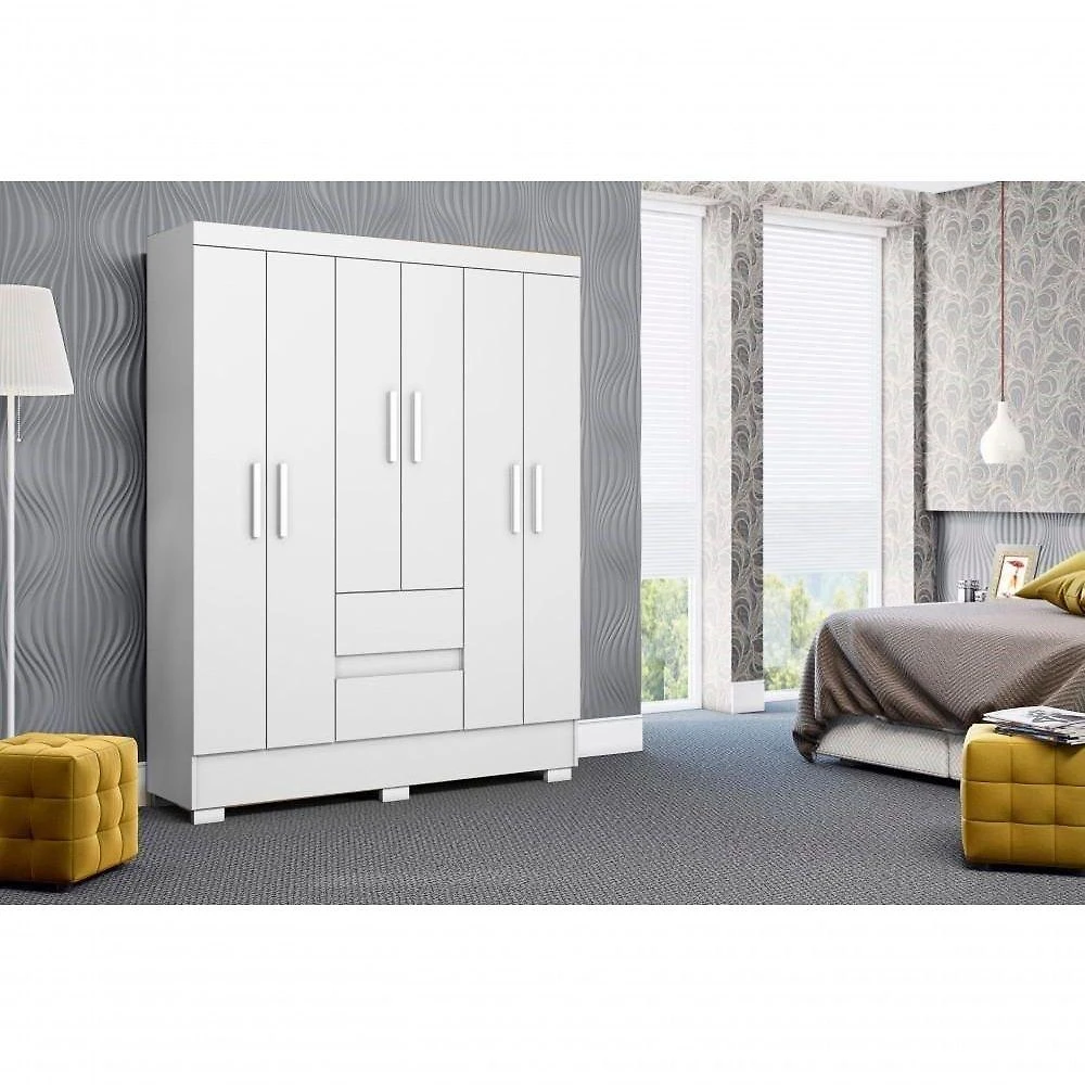Guarda Roupa Coimbra 6 Portas de Bater 2 Gavetas MDP Branco Aramóveis 149CM