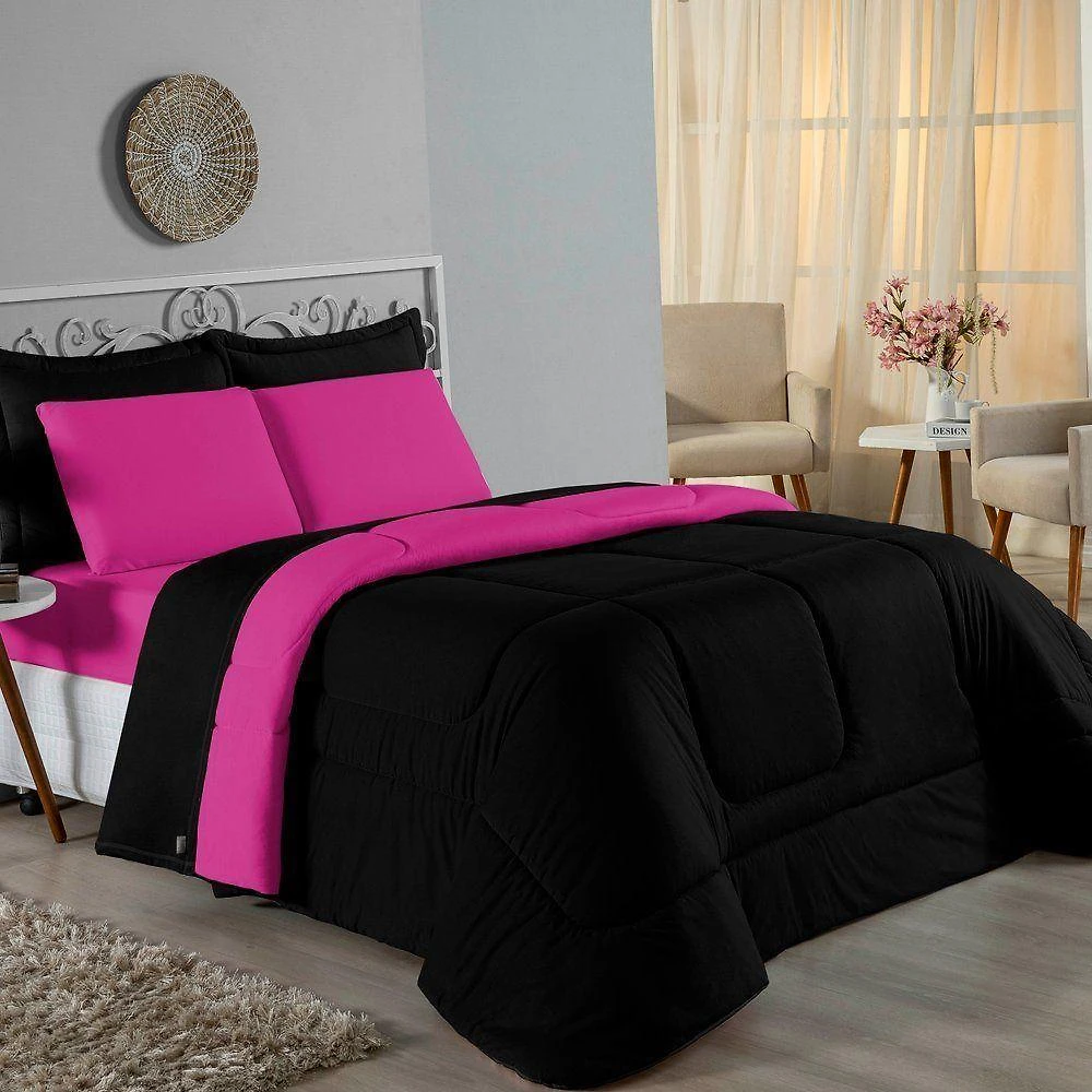 Edredom Casal Nobre 1 Peça Dupla Face 2,00m X 2,20m Malha 100% Algodão - Preto / Pink