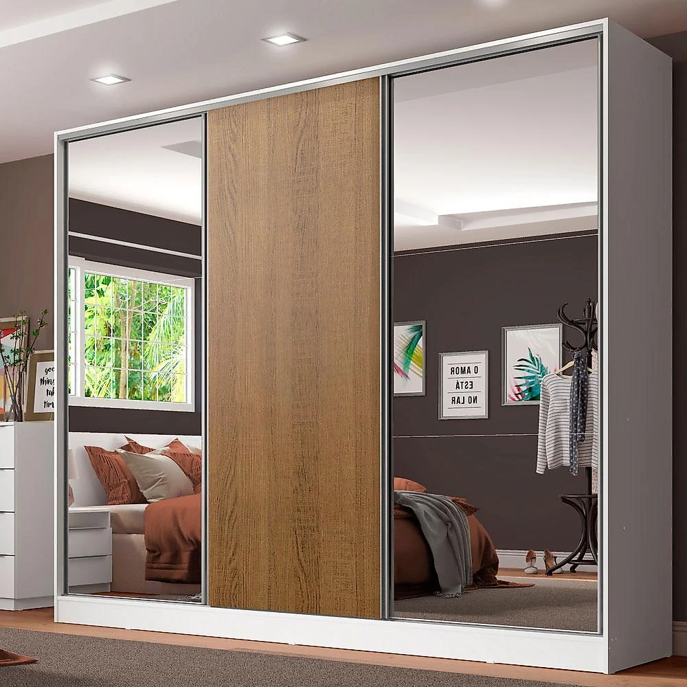 Guarda roupa casal 100% mdf madesa royale 3 portas de correr com espelhos - branco/rustic