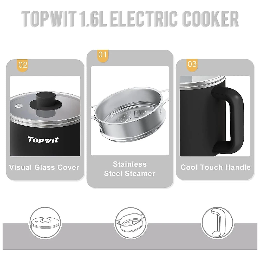 Panela Elétrica Topwit Hot Pot com Steamer, 1,6 L - Ideal para Macarrão Instantâneo, Sopas e muito mais - Cooker Portátil com Controle
