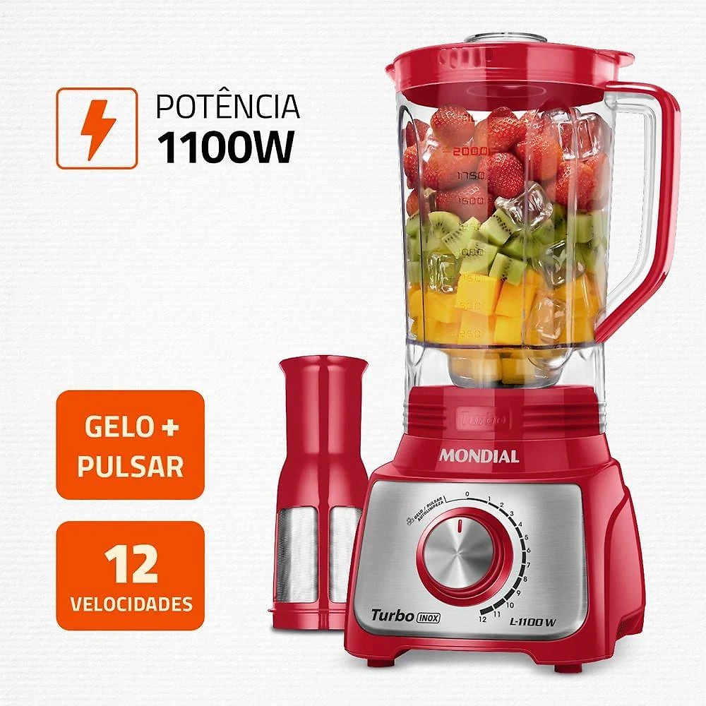 Liquidificador mondial turbo l-1100 3l 1100w 12 velocidades vermelho/inox