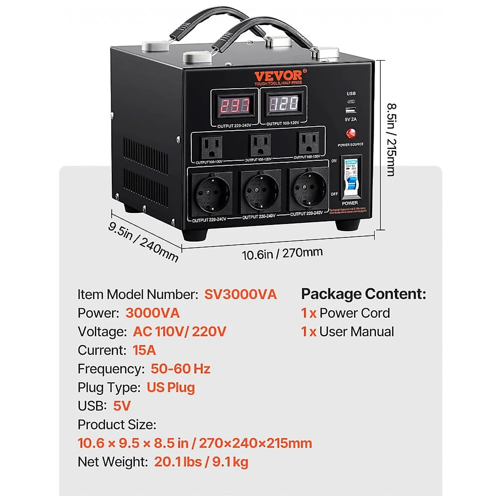 Transformador (Conversor) de Voltagem VEVOR 3000W Elevação/Redução 110V para 220V/220V para 110V 3 US 3 EU USB Type-C 2 LED CE ETL FCC SV-3000VA.
