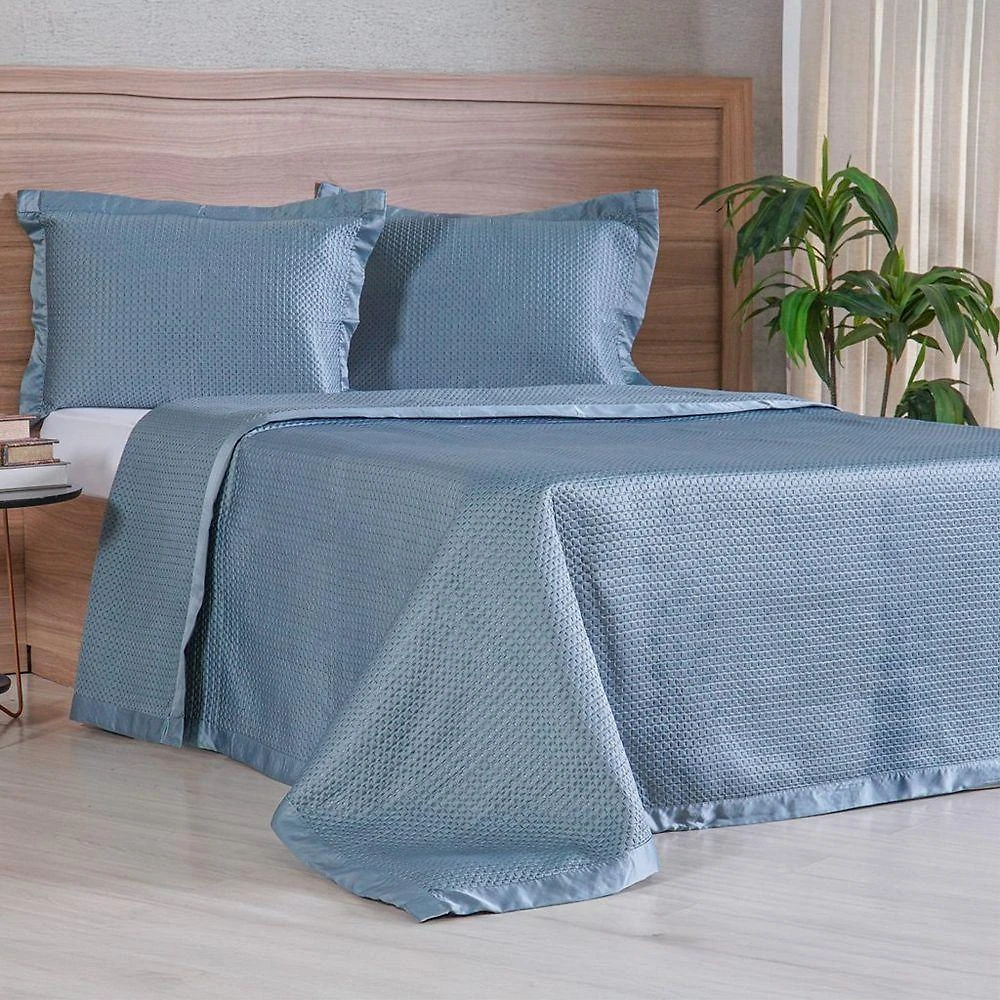 Kit Colcha Casal Satinatta 220x240cm 100% Poliéster Cetim Azul Mineral Tessi