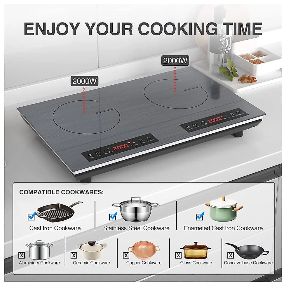Cooktop de Indução Portátil VBGK com Duplo Queimador e Trava de Segurança, 110V 4000W