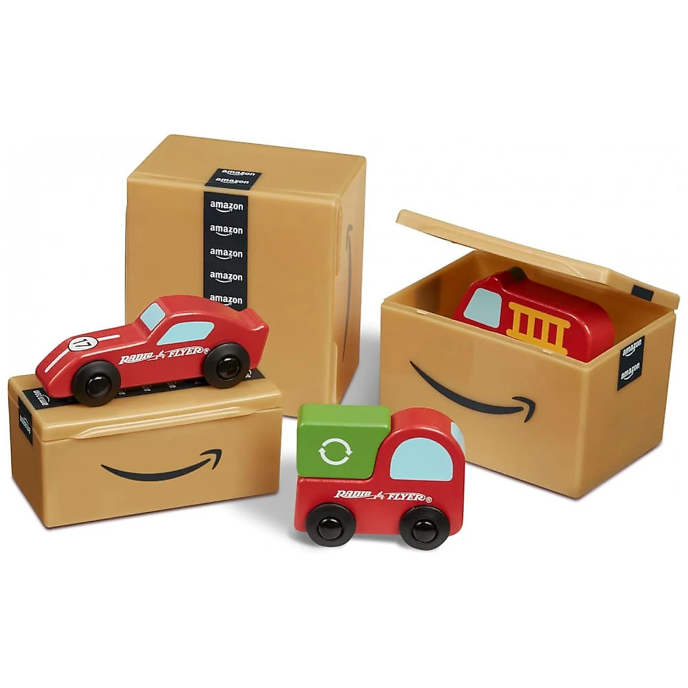 Carrinho de empurrar infantil Radio Flyer furgão de entrega Amazon azul com compartimento sob o assento