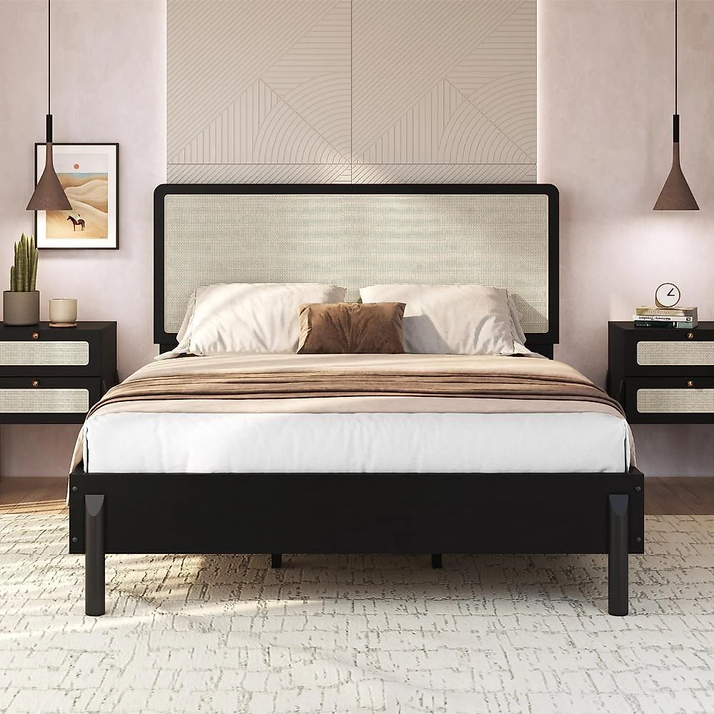 Cama Quenn Palhinha Oslo 27056 Pes Madeira 152 Cm Artesano Nero