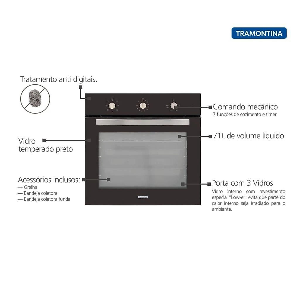 Forno Elétrico de Embutir Tramontina 94867220 71L 2100W 7 Funções Preto 220V
