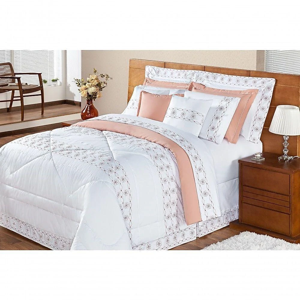 Edredom + Jogo De Cama 200 Fios Damasco Queen 15 Peças 100% Poliéster - Branco/salmao