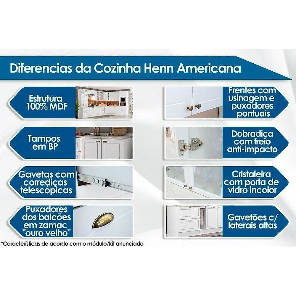 Kit Cozinha Americana C5p52 4 Portas 3 Gavetas MDF 120CM Branco Móveis Henn