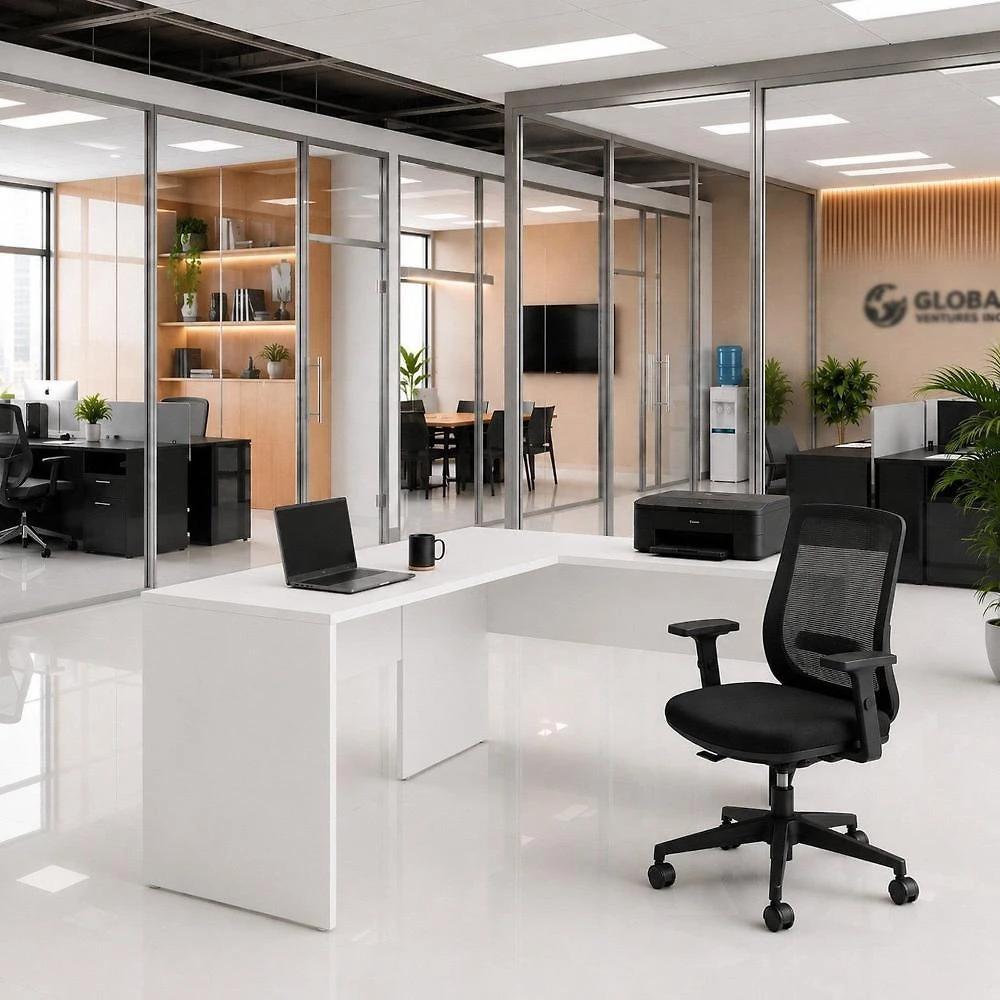 Mesa de Escritório em L 120x60cm + Cadeira Ergonômica Reclinável com Apoio Lombar,Pistão Classe