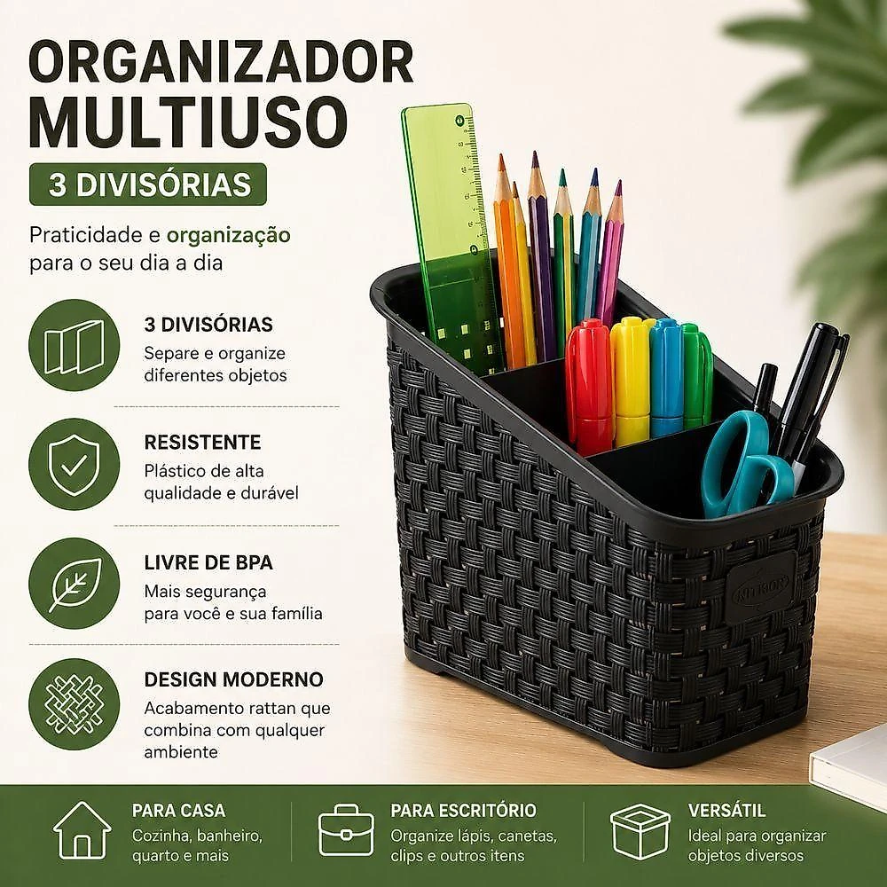 Organizador de Mesa Multiuso 3 Divisórias Plástico Estilo Rattan para Escritório Cozinha Preto
