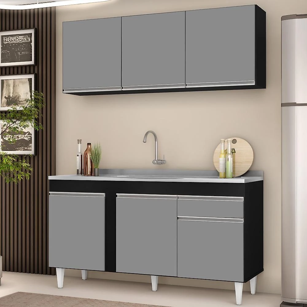 Armário Aéreo Argélia E Balcão Gabinete Com Pia Inox 150cm Dakota Preto-cinza - Lumil