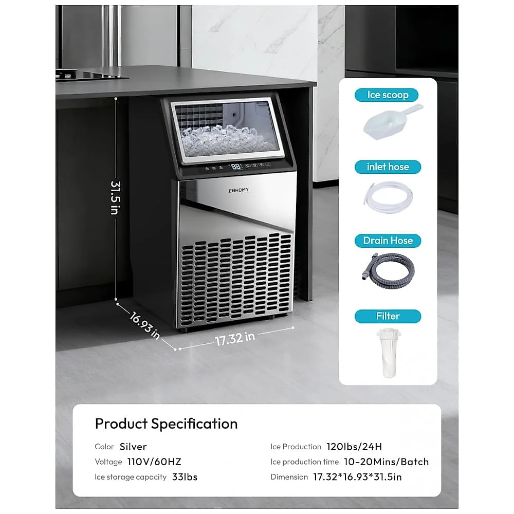 Máquina de Gelo Comercial EUHOMY 54kg 24H Bomba de Drenagem Compartimento 15kg Aço Inox 110V