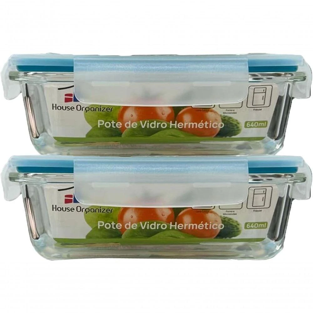 Potes de Armazenamento House Organizer Kit 2 Potes de Vidro Herméticos 640ml para Arroz Biscoitos