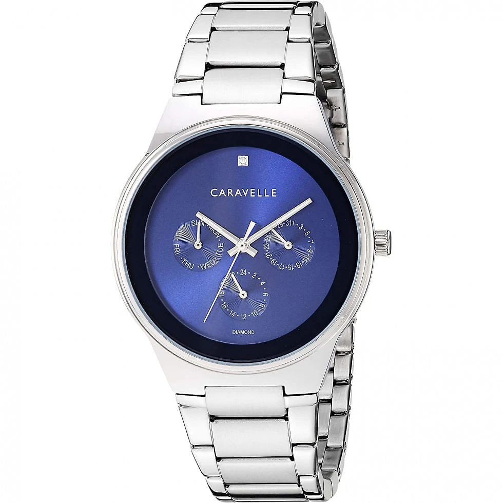 Relógio masculino moderno multifuncional Caravelle, tom de prata diamante de aço inoxidável, mostrador azul