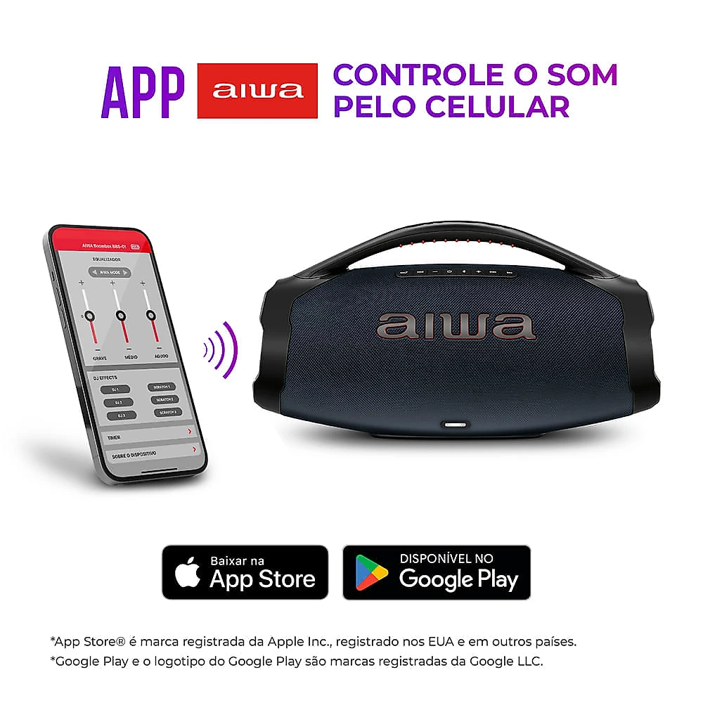 Caixa de Som Boombox Plus AIWA BBS-01-LBL 200W BT 30H IP66 USB RGB BOOMBOX C/ LUZES AWS-BBS-01-LBL BIVOLT
