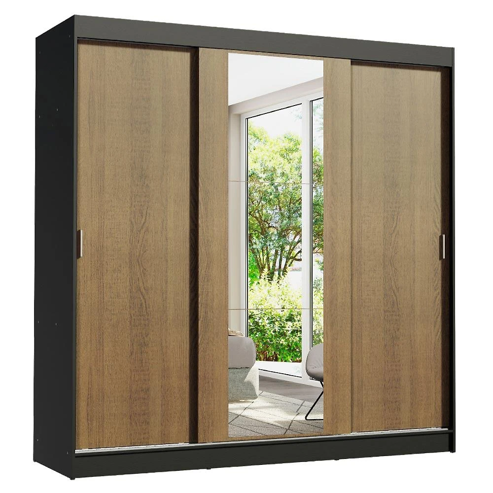 Miniatura Guarda-Roupa Casal Madesa Reno 3 Portas de Correr com Espelho - Preto/Rustic Preto/Rustic