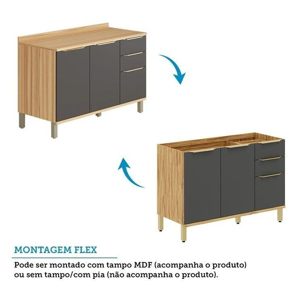 Cozinha Modulada Compacta 270cm 4 Peças 10 Portas com Tampo 100% MDF Noruega Fresada Espresso Móveis Amêndoa/Chumbo