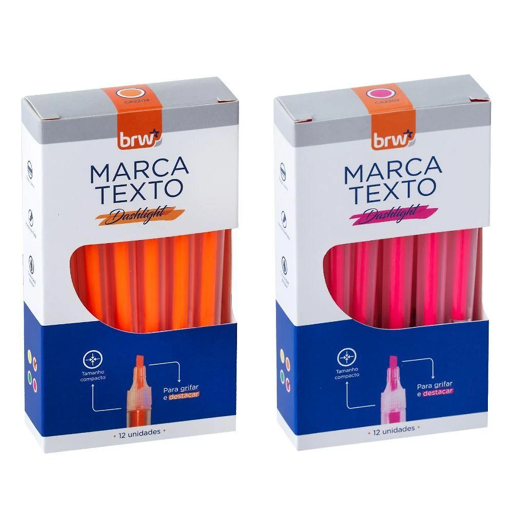 Marca-texto Fluorescente BRW Transparente Ponta Chanfrada Traço 1-4MM Kit 4 Caixas 12 Unidades