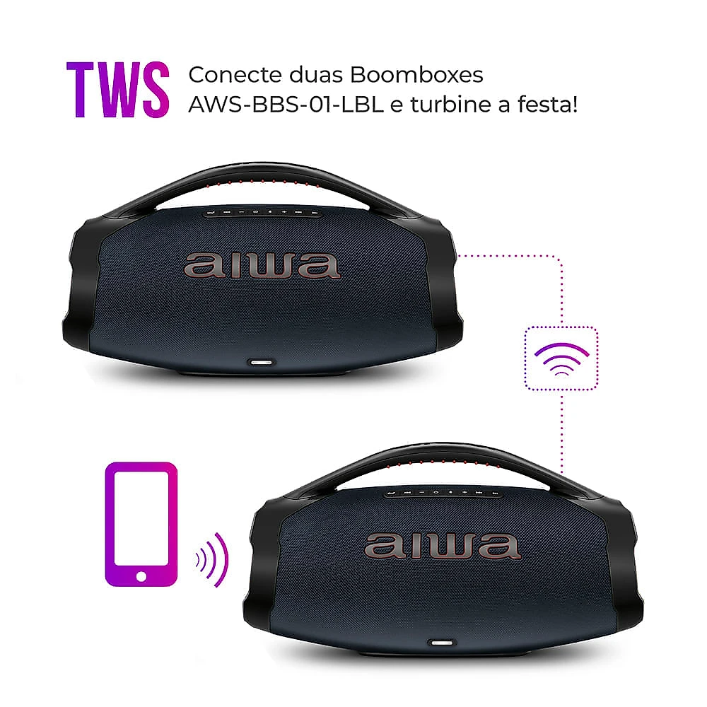 Caixa de Som Boombox Plus AIWA BBS-01-LBL 200W BT 30H IP66 USB RGB BOOMBOX C/ LUZES AWS-BBS-01-LBL BIVOLT