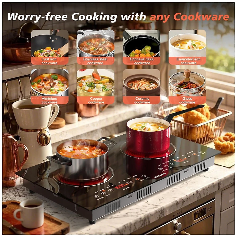 Cooktop Elétrico de 2 Bocas 110v, Embutir Preto, Funções e Controle de Toque, Trava de Segurança - Karienvir