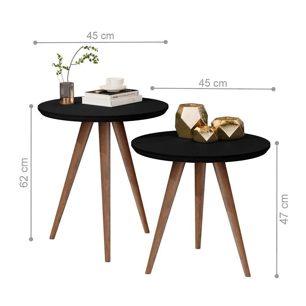 Mesa de Centro e Lateral Cadiz Redonda Tampo MDF Base Madeira 45CM Preto Casah