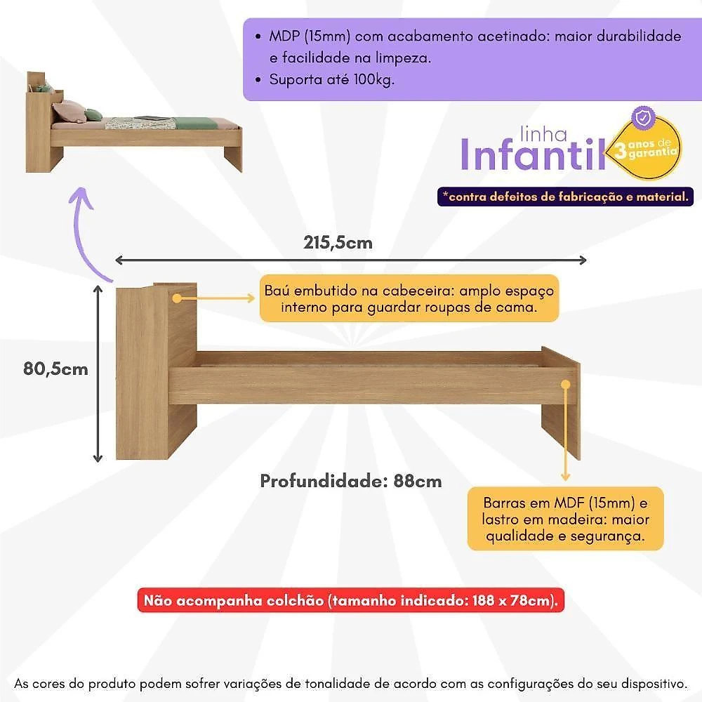 Cama De Solteiro Para Colchão 188 X 78cm Com Baú Embutido Multimóveis Mp4229 Rustic Rustic