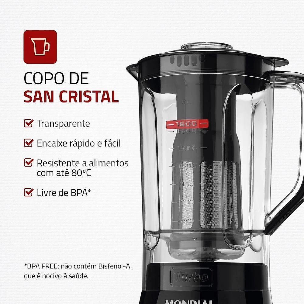 Liquidificador Mondial Turbo Power L-99 Fb 550W 2,2L com Função Pulsar 3 Velocidades Preto 220V
