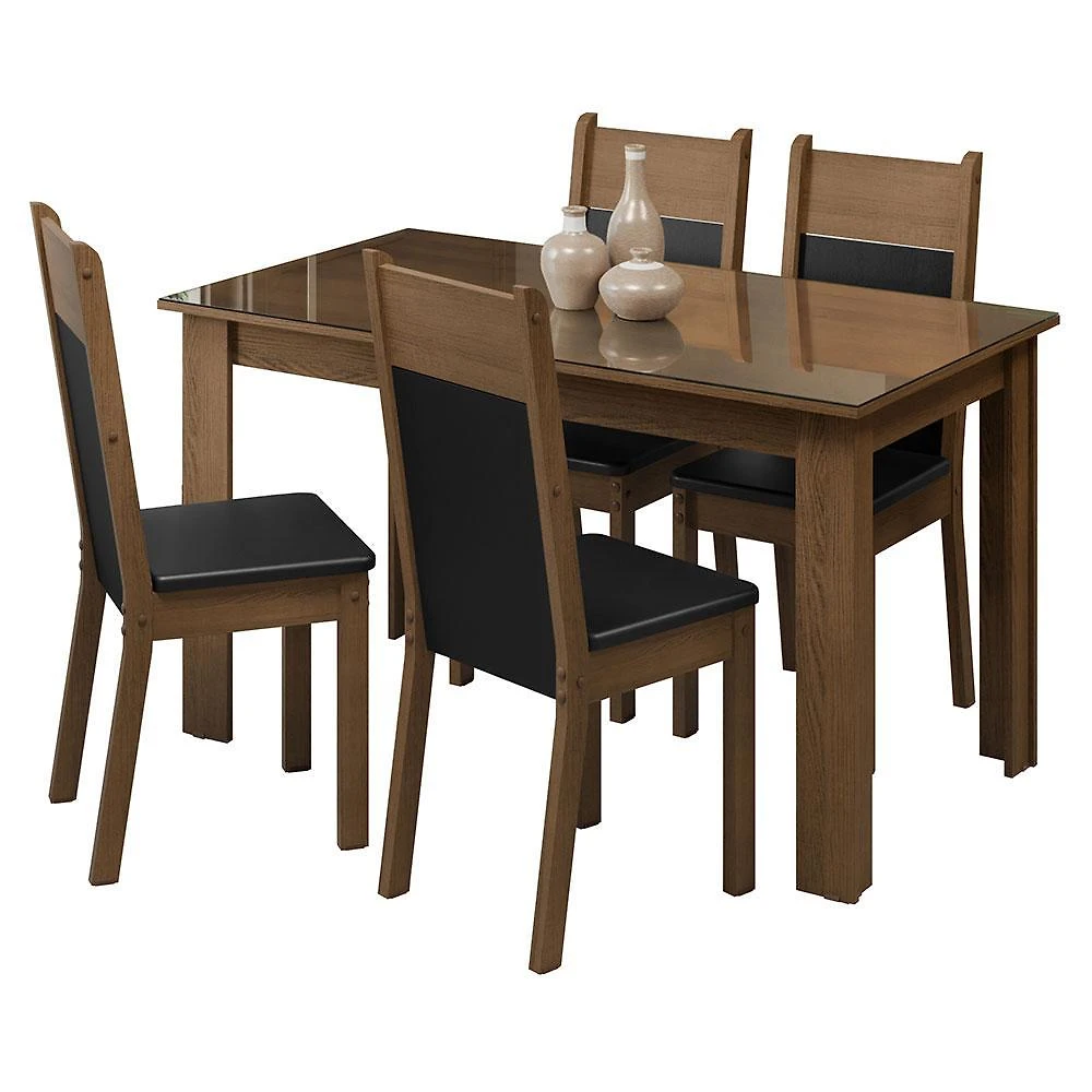 Conjunto sala de jantar mesa tampo de vidro 4 cadeiras rustic/preto eloá madesa