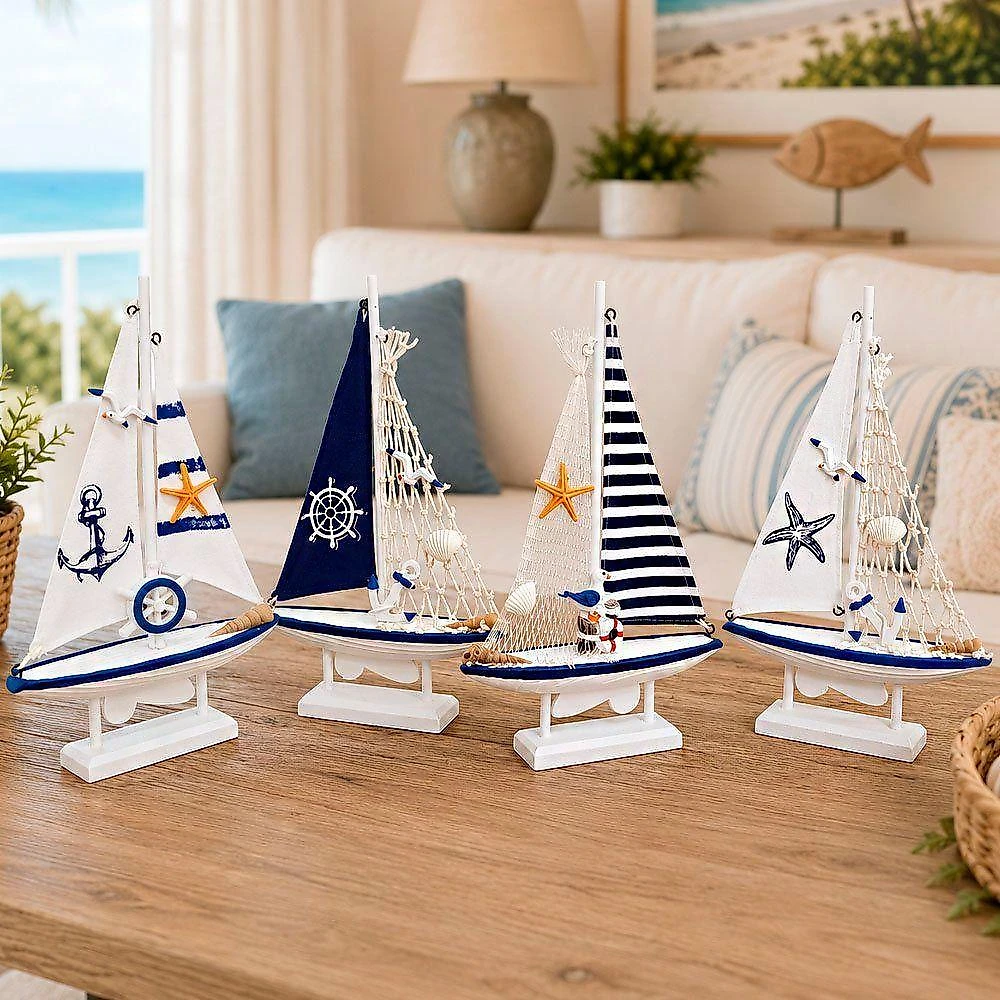 Enfeite Barco Miniatura com Detalhes Náuticos Artesanal Branco
