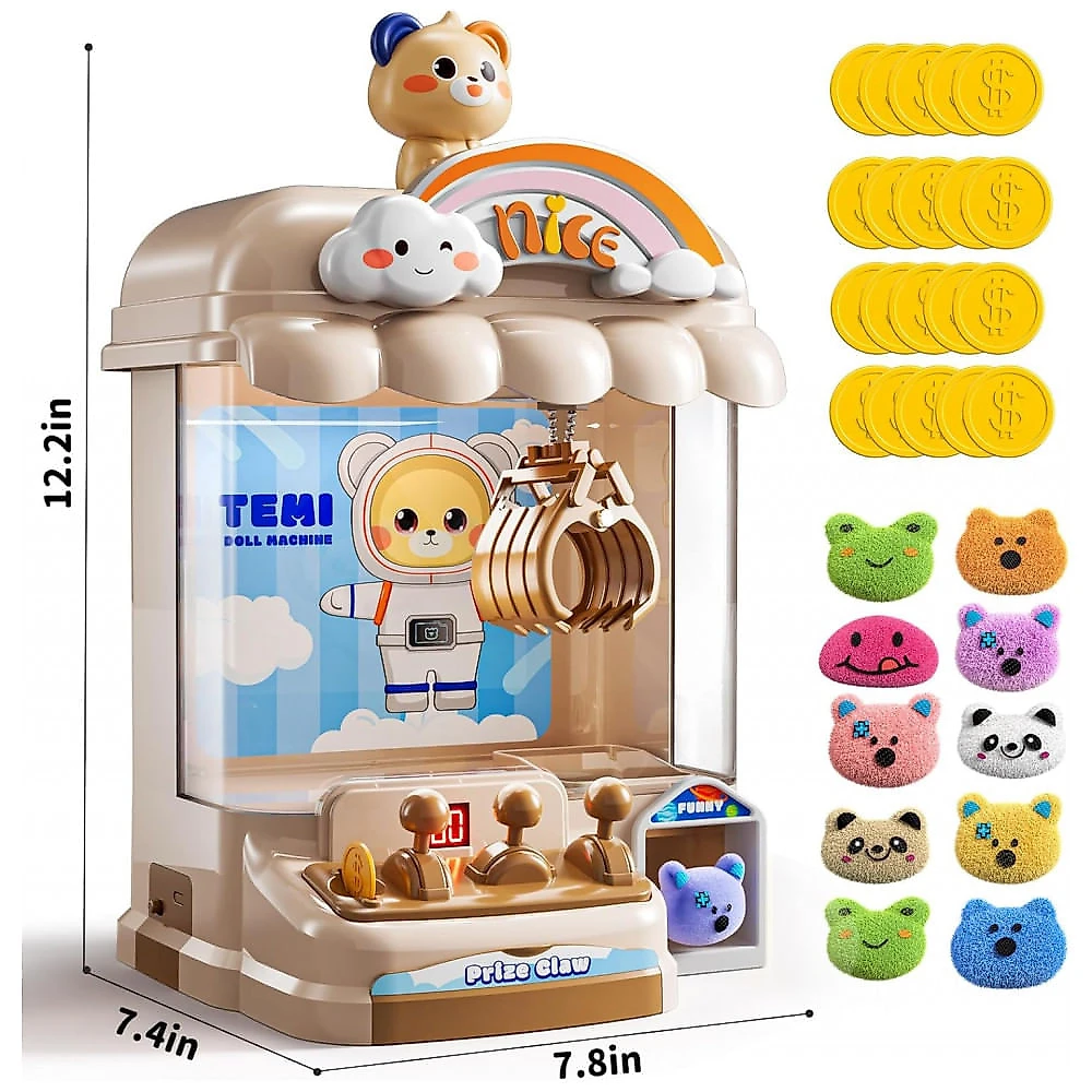 Máquina de Garra Eletrônica Marrom MSKOLER – Vending Machine Infantil Urso com 10 Mini Pelúcias, 20 Moedas, Som e Temporizador de 60s