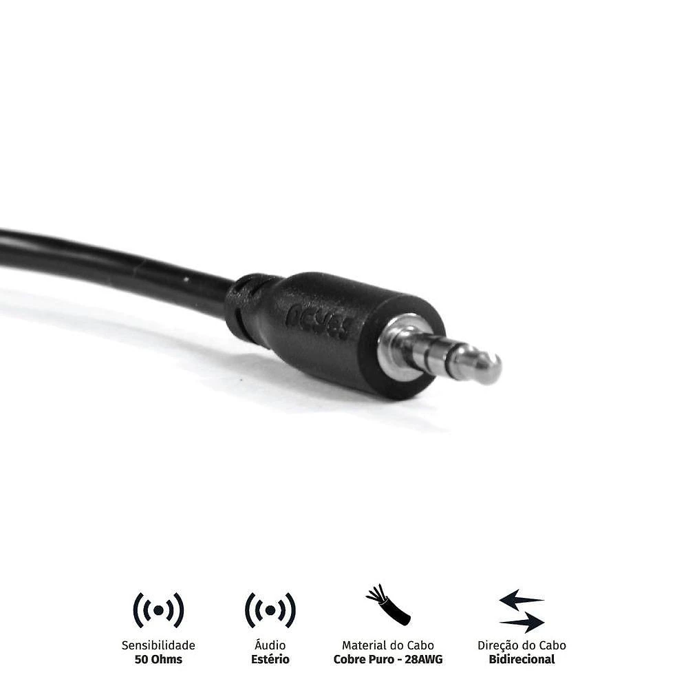 Cabo de Áudio Pcyes P35m-06 P2 3.5mm Macho para Fêmea 28AWG 60cm Bivolt Preto
