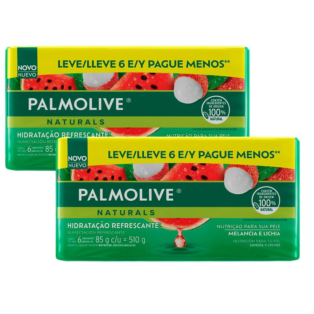 Kit 2 Sabonete em Barra Palmolive Naturals Hidratação Refrescante Melancia & Lichia com 6 Unidade de 85g Cada