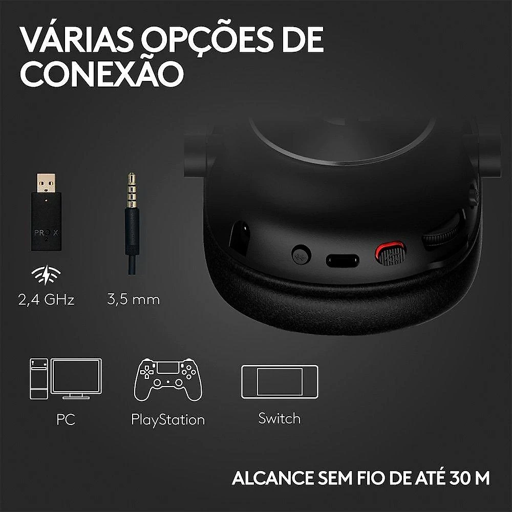 Headset Gamer Sem Fio Logitech G Pro X 2 Lightspeed, Driver 50mm, Bluetooth, USB e 3.5mm, para PC, Playstation e Switch, Preto - 981-001262