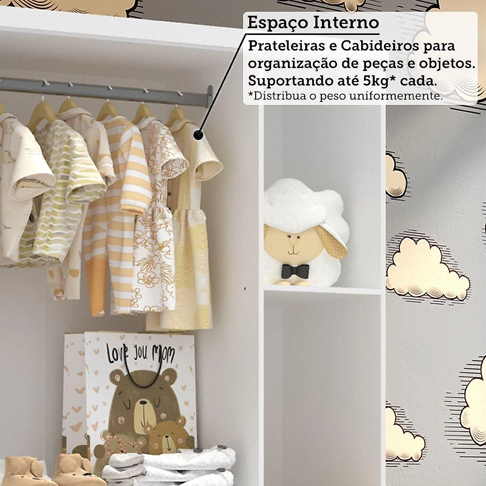 Quarto Infantil com Guarda Roupas 3 Portas e Cômoda com Janelas 100% Mdf Lana Espresso Móveis Branco Brilho