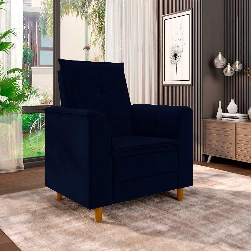Poltrona Decorativa Estofada Confortável Sala Isis Veludo Azul Marinho