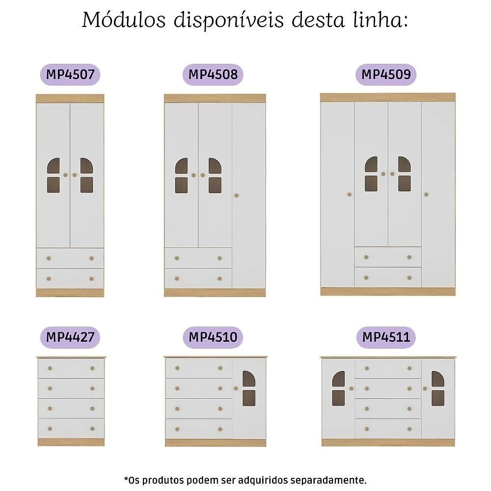 Guarda-roupa Infantil 122cm Com Vidro 4 Portas E 2 Gavetas Amora Multimóveis MP4509 Madeirado/branco