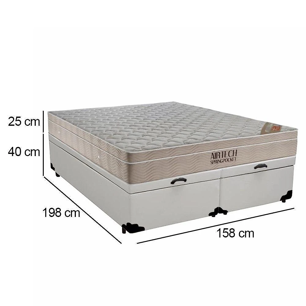 Cama Box Baú Queen Sintético Bipartido + Colchão Ortobom Airtech Molas Ensacadas 65x158x198 Branco