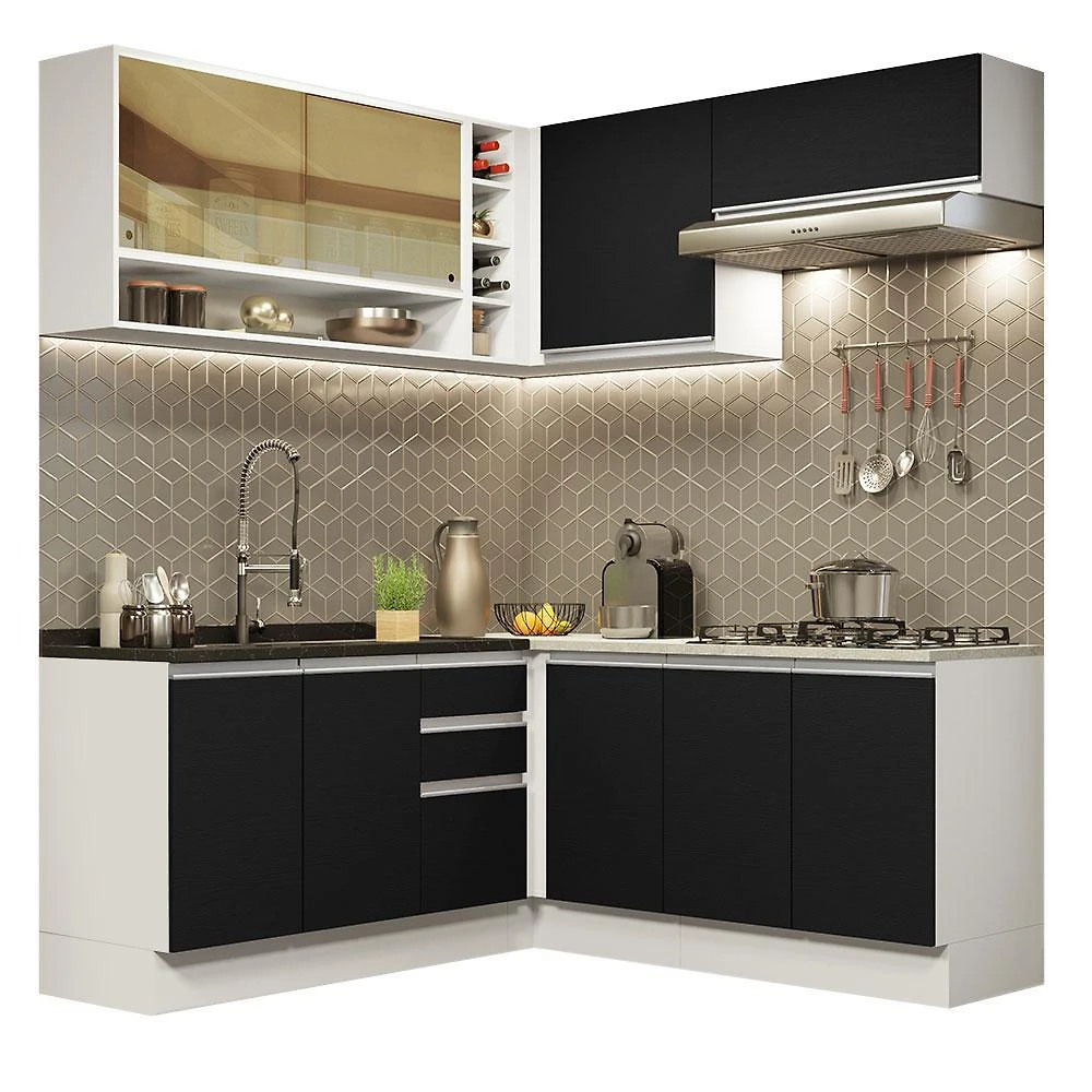 Cozinha completa de canto madesa glamy 349002 com armário e balcão (sem tampo e pia) - branco/preto
