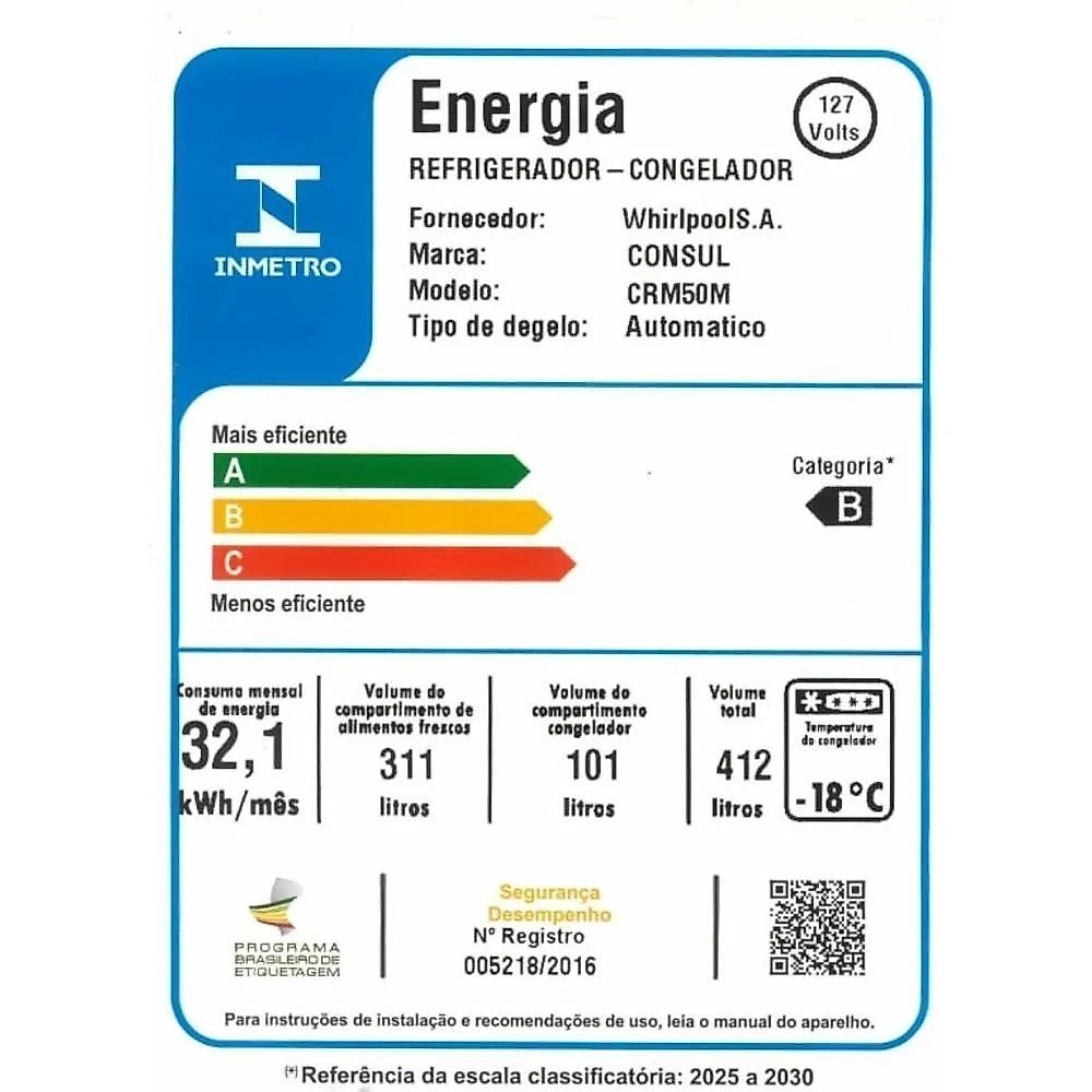 Geladeira Consul Duplex Frost Free 412L LED CRM50MB Branca 110V