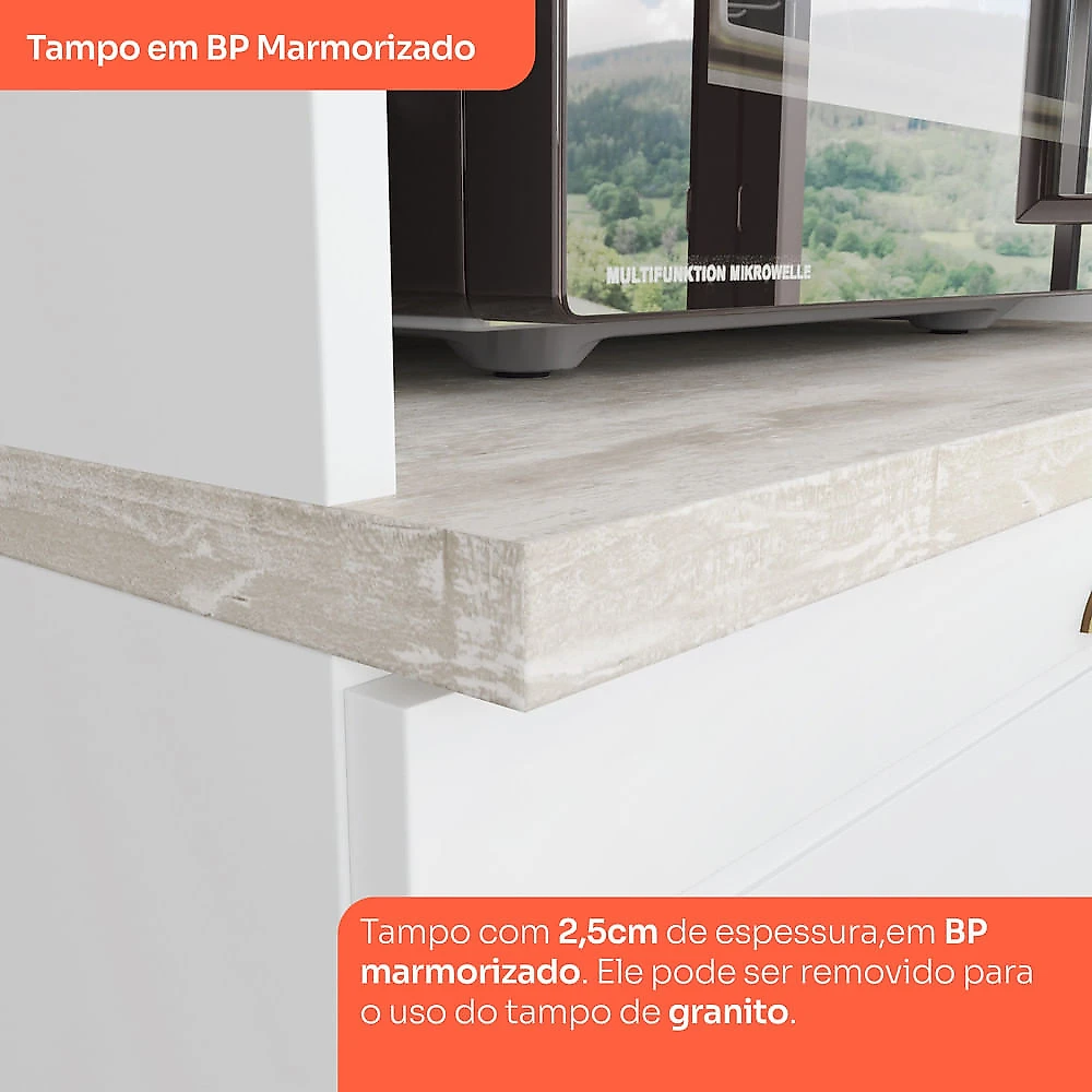 Balcão Pia 120 Cm 2 Portas E 3 Gavetas Com Tampo Para Cozinha Americana Henn Branco HP