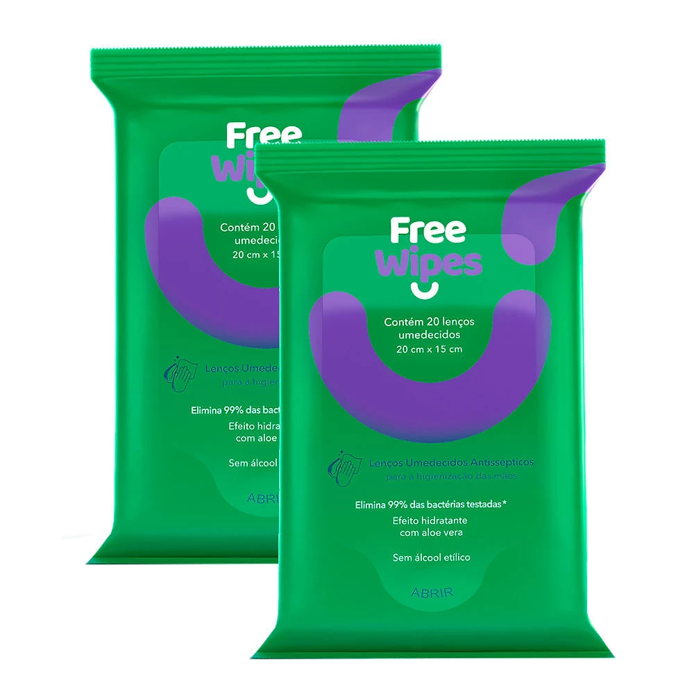 Lenço Umedecido Free Wipes Antisséptico com 20 Unidades | Kit com duas unidades