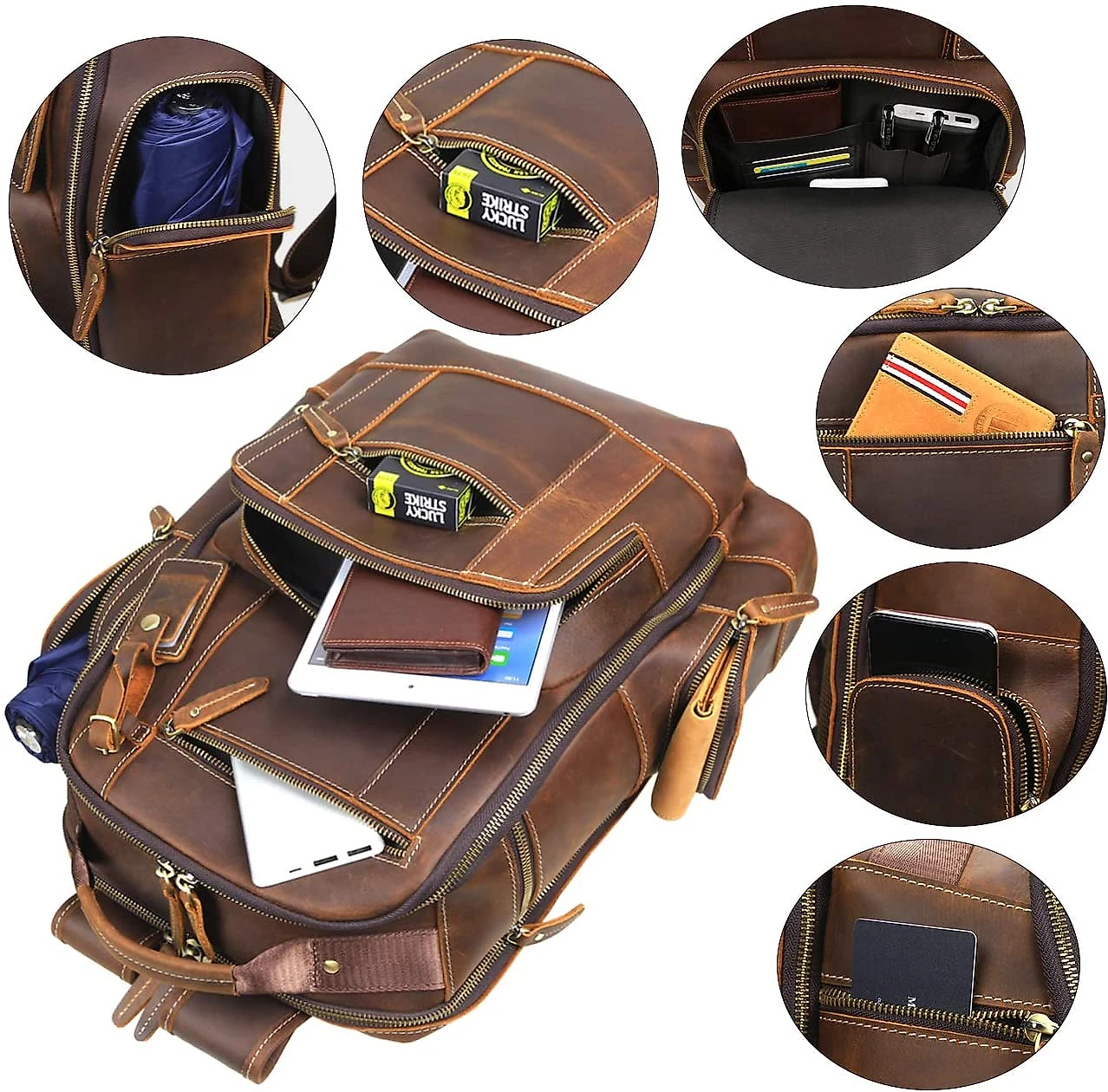 Lannsyne LB125 Mochila Unissex de Couro Genuíno para Laptop 40 cm Marrom