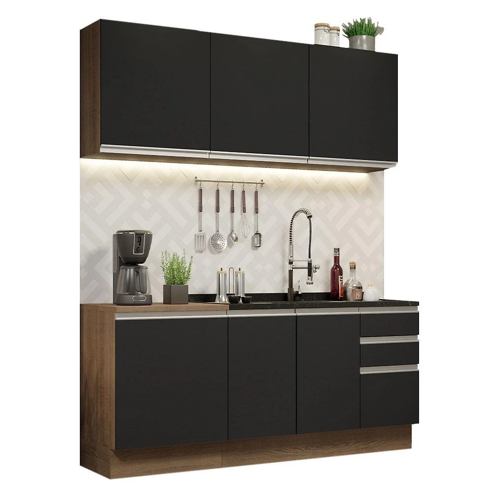 Cozinha compacta madesa glamy 180005 com armário e balcão (sem tampo e pia) - rustic/preto