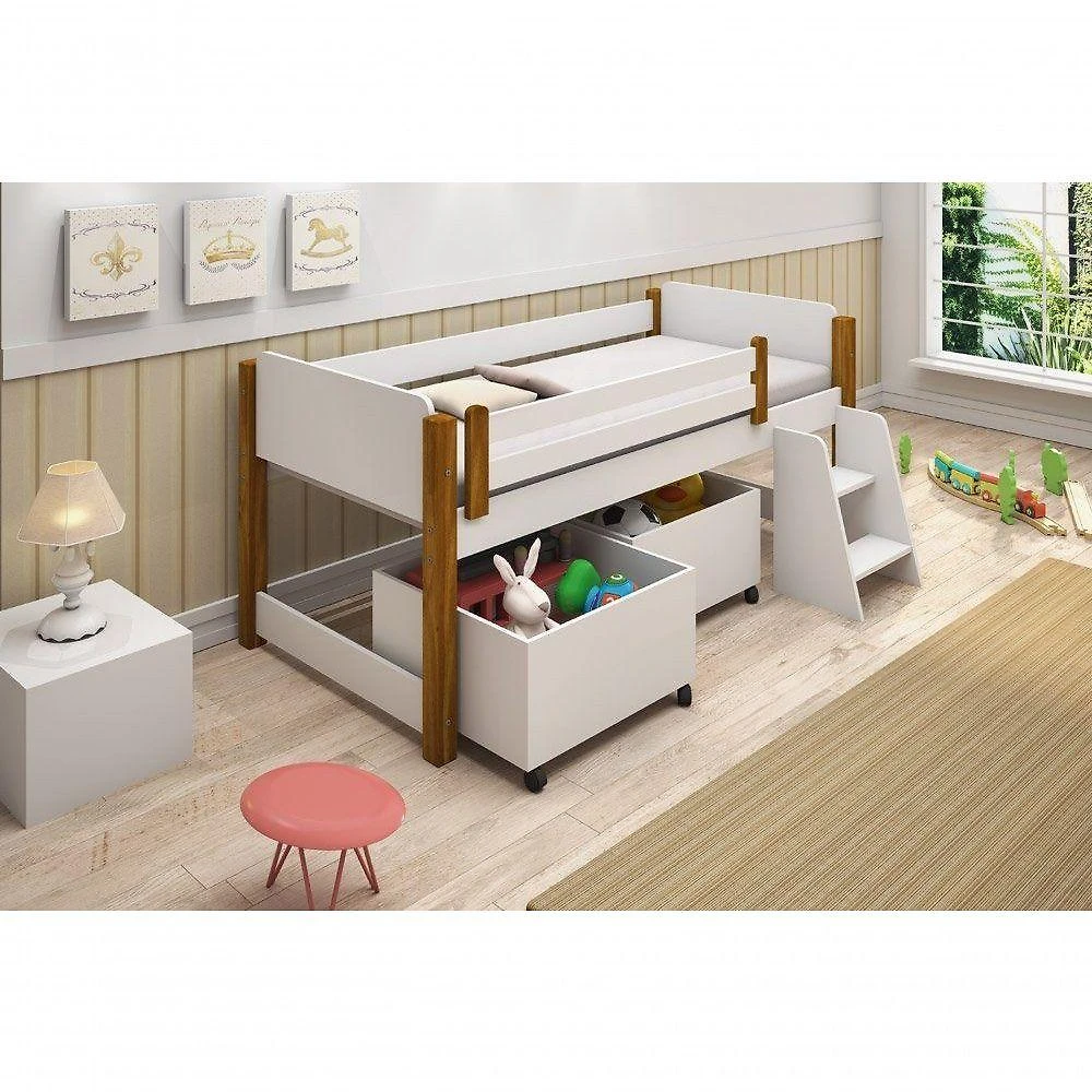 Cama Naty Branco Mel Com 2 Nichos E Escadinha